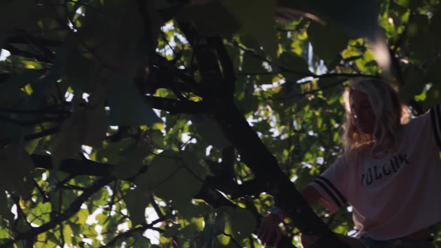 A young blonde woman climbs a leafy tree as sunlight filters through the branches in slow motion