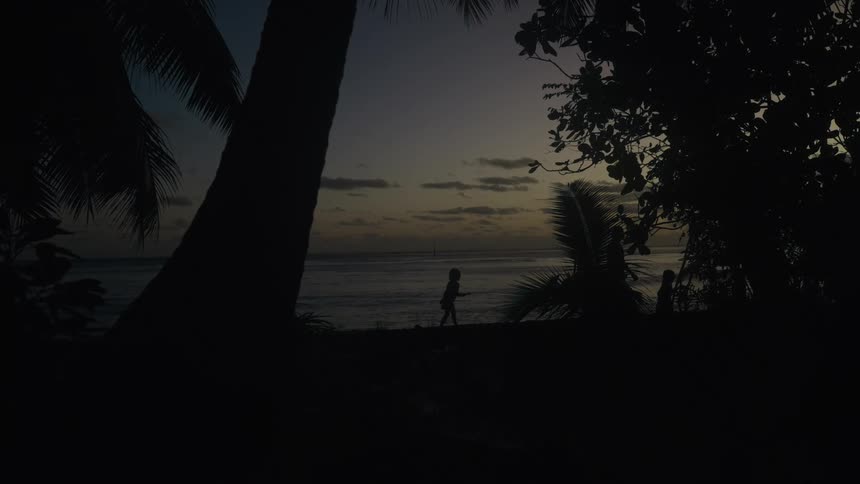 Silhouettes of a father and two children play on a tropical beach at dusk by the ocean