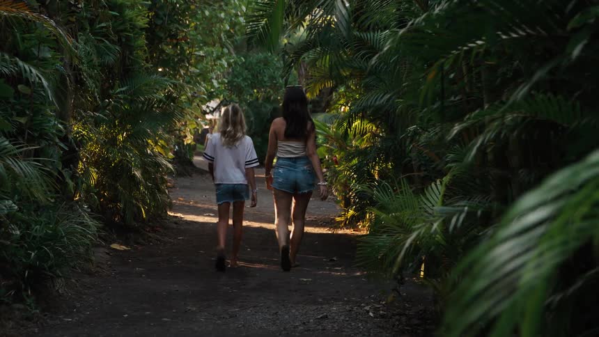 A slow motion rear view of two young women walking down a beautiful, sun-dappled tropical path surrounded by lush jungle foliage