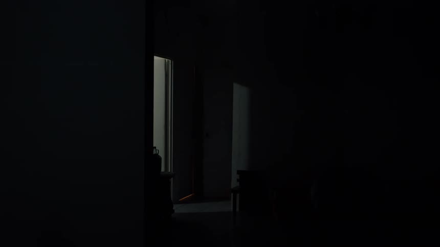 A silhouetted woman in pajamas walks in slow motion through a dark house and into a hallway before turning on a light