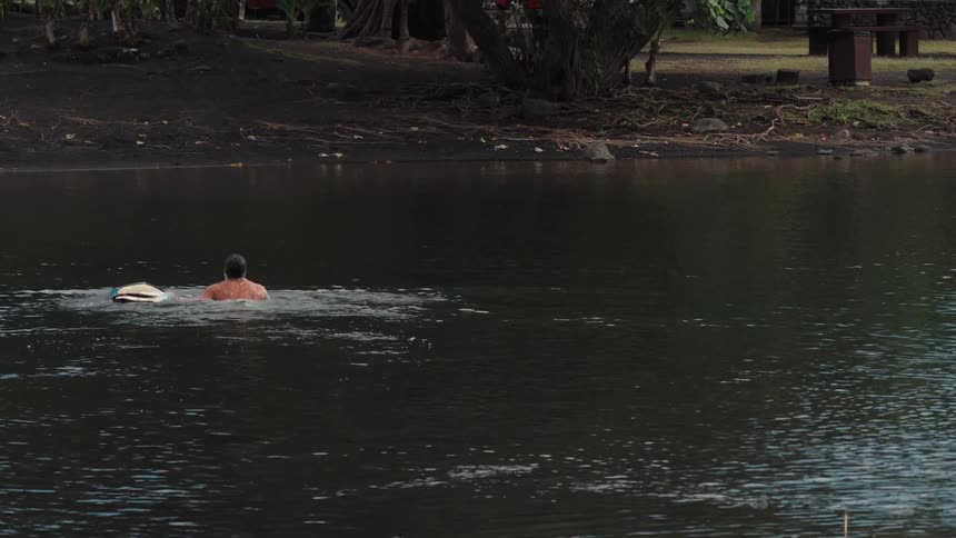 A man with a surfboard paddles out into a calm, dark-water bay surrounded by lush tropical trees