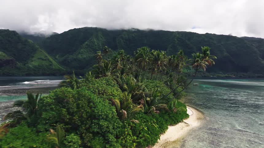 An aerial view slowly advances towards a beautiful tropical peninsula lush with green palm trees and a sandy beach