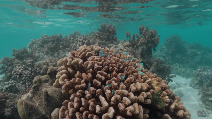 A tranquil underwater scene shows a school of small blue fish swimming among a healthy coral reef