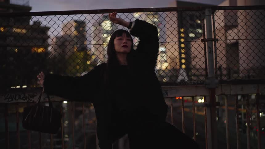 A fashionable Japanese woman strikes a pose against a chain-link fence with the glittering city skyline behind her at twilight