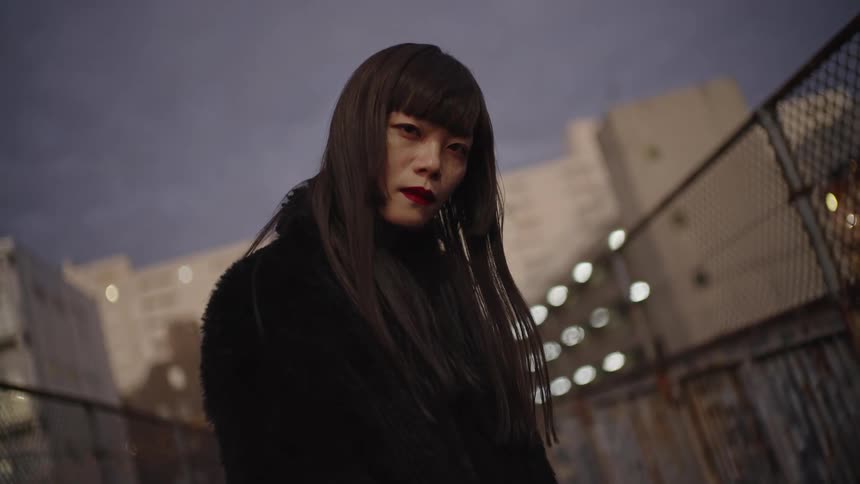 A cinematic low-angle shot captures a stylish androgynous person in a black fur coat staring intensely at the camera on an urban bridge at twilight