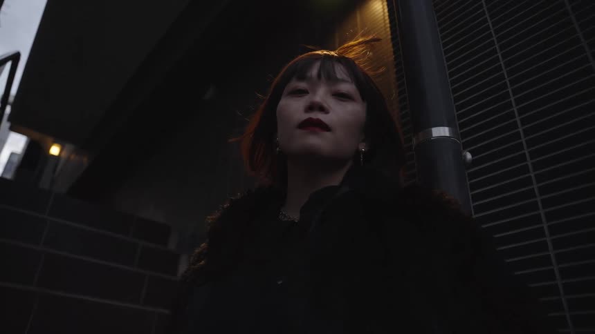 A low-angle portrait of a stylish young woman looking confidently into the camera on a dark urban street at night