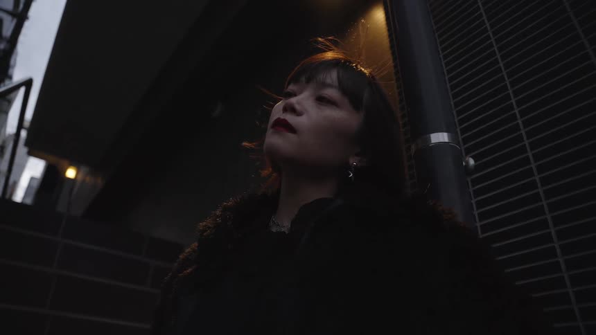 A stylish young Asian woman looks up pensively in a dimly lit city street at dusk, her hair blowing in the wind