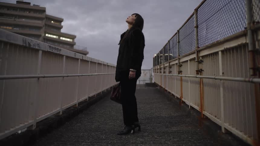 A solitary woman dressed in black stands on an urban walkway, looking up at the overcast sky at dusk