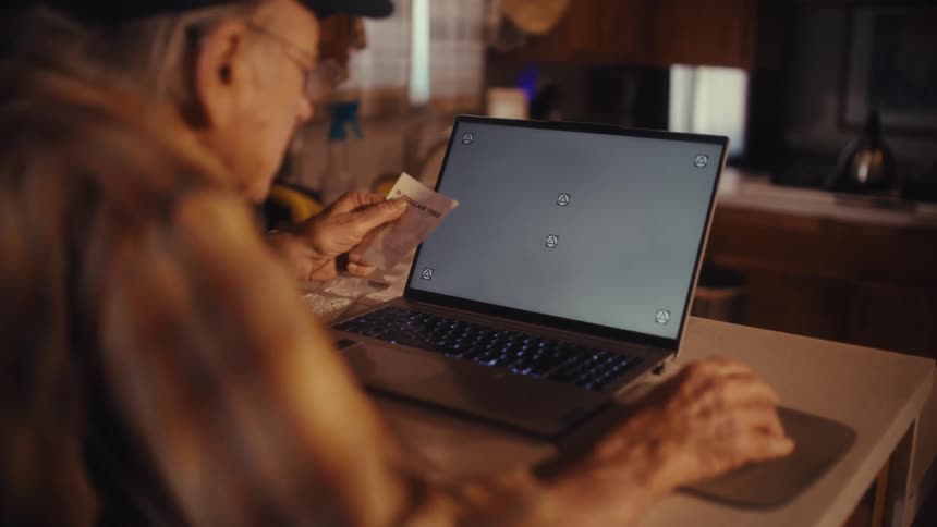 Over the shoulder shot of an elderly man at his kitchen counter using a laptop with a green screen while holding a receipt