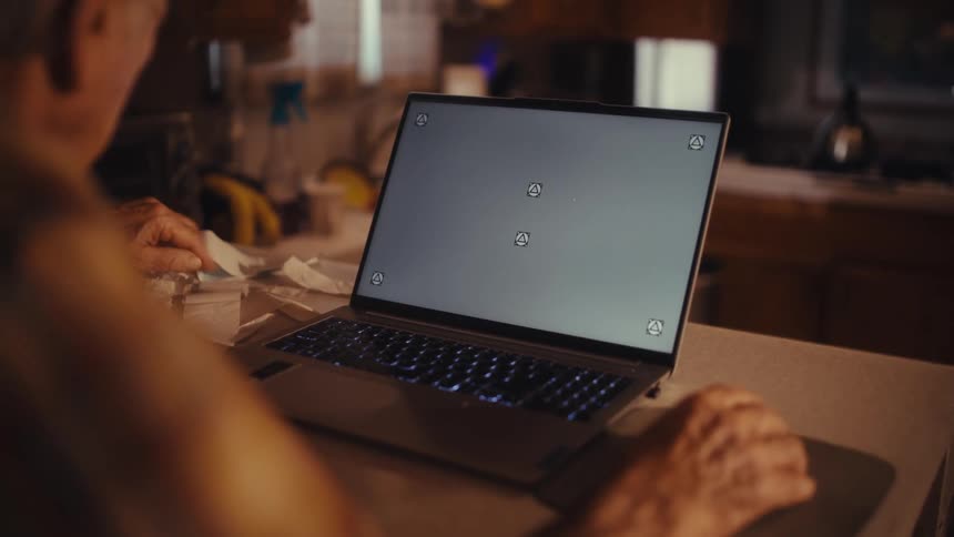 An elderly person sorts through receipts while working on a laptop with a trackable screen in a dimly lit kitchen