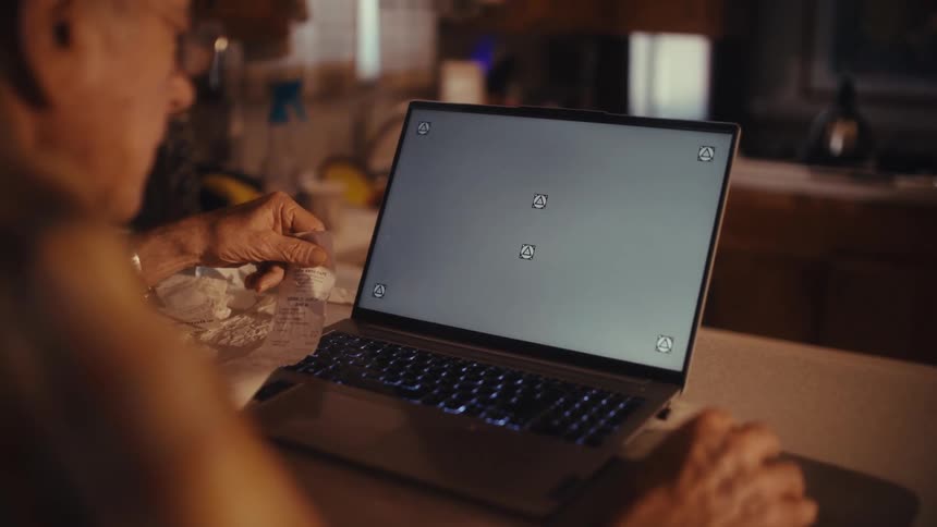 Elderly man at a kitchen counter late at night, reviewing receipts while using a laptop with a screen ready for compositing