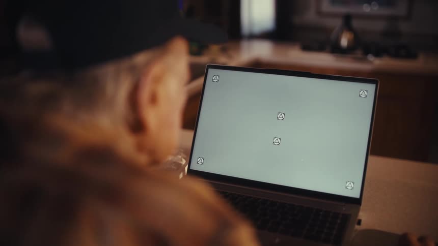 An elderly man in a cap sits at a warmly lit desk, using a laptop with a blank green screen ready for custom content