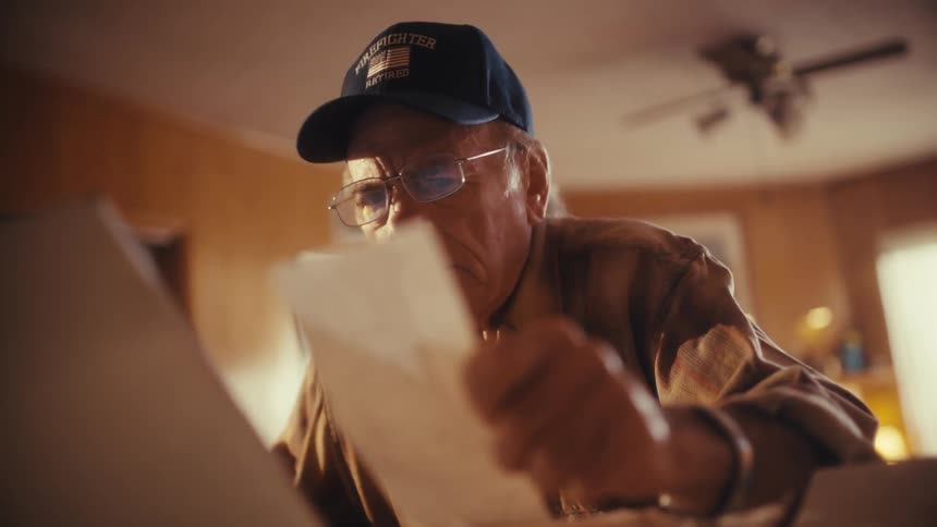 Close up on an elderly retired firefighter thoughtfully reminiscing as he sorts through old papers and documents in his home