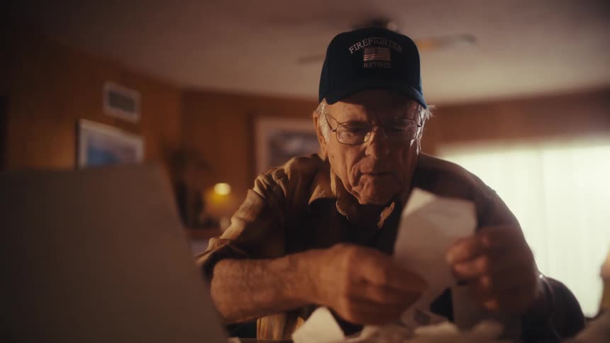 A concerned elderly retired firefighter meticulously sorts through his financial bills and receipts at his home desk