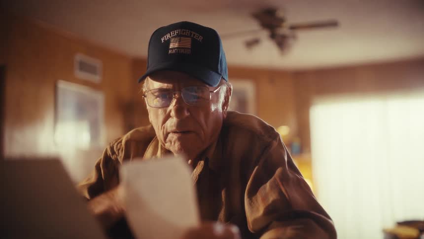 An elderly retired firefighter with a concerned expression manages his budget and pays bills online from his home