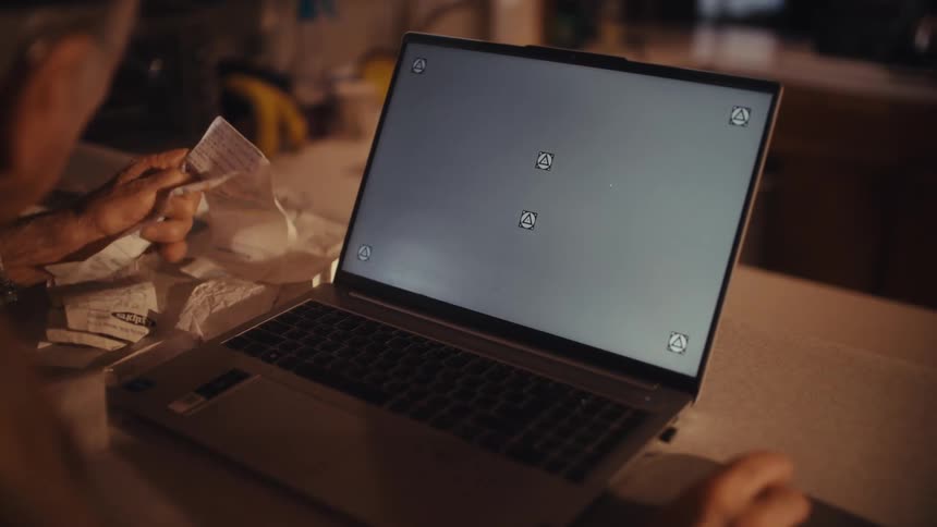 An elderly person sits at a dimly lit table, anxiously reviewing receipts while looking at a green screen laptop, highlighting financial stress