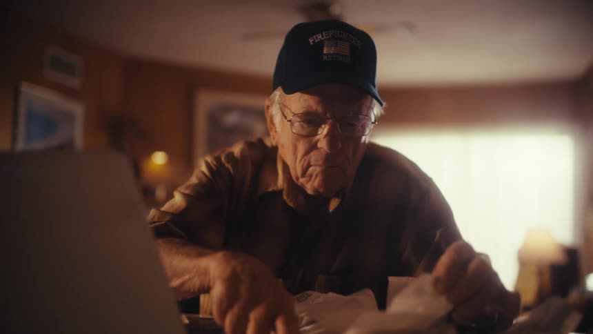A retired firefighter wearing a hat sits at his desk, meticulously sorting through a pile of receipts while managing his finances