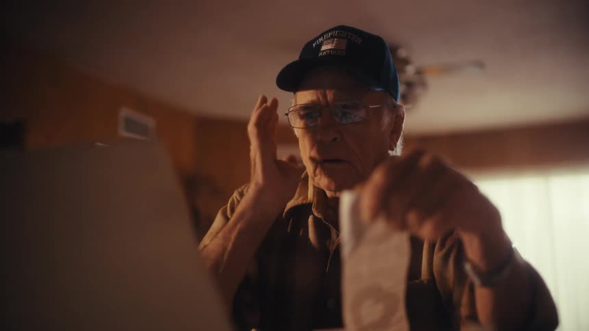 A worried elderly man in a retired firefighter hat looks over his finances and bills on his laptop with a stressed expression