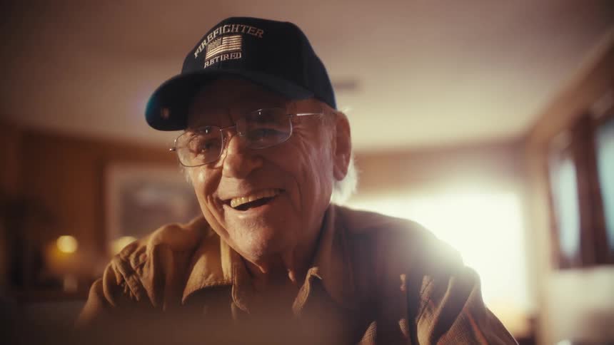A retired firefighter smiles warmly as he reminisces while looking through old photographs in his home