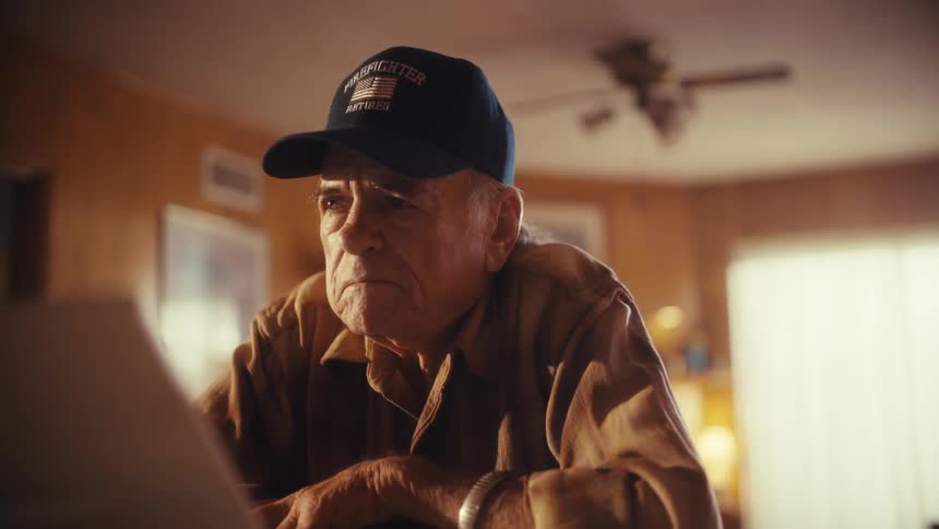 An elderly retired firefighter with a somber expression sits alone at his table, staring intently at a laptop screen