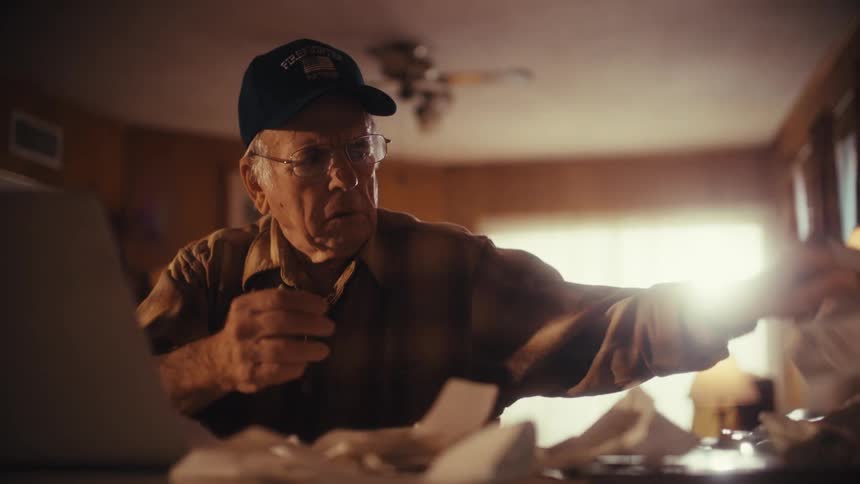 An elderly retired firefighter with a concerned expression sits at his desk sorting through bills and receipts