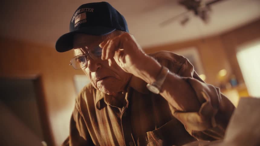 A retired firefighter in a cap sits at his table, looking over his finances with a worried expression before taking off his glasses