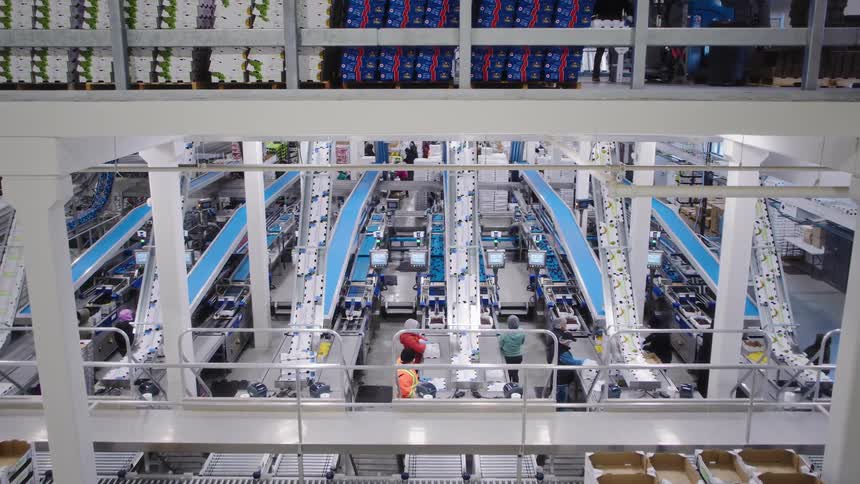 High-angle wide shot of a modern automated packing facility with multiple conveyor belts and workers