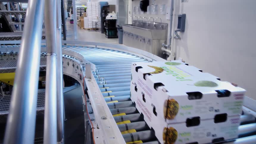 Slow motion shot of stacked fruit boxes traveling down an automated roller conveyor belt in a clean warehouse