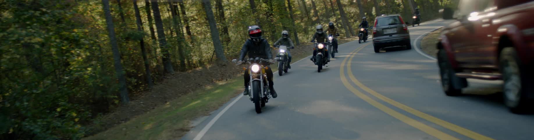 Group of people riding motorcycles on a tree lined road