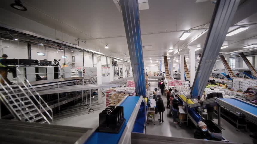 A high-angle tracking shot reveals the impressive scale of a modern, automated fruit packing and processing facility with workers on the assembly line