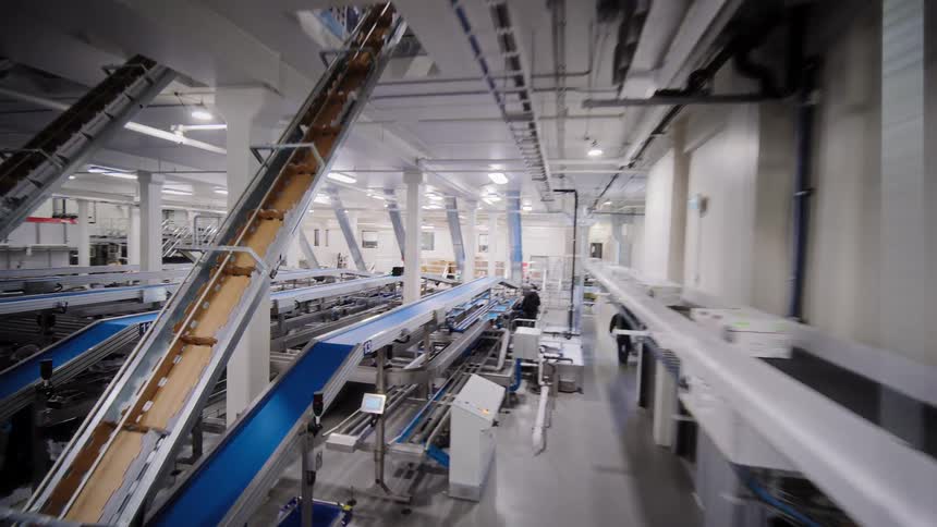 A smooth tracking shot follows a conveyor belt through a massive, modern food processing and packaging plant with intricate sorting systems