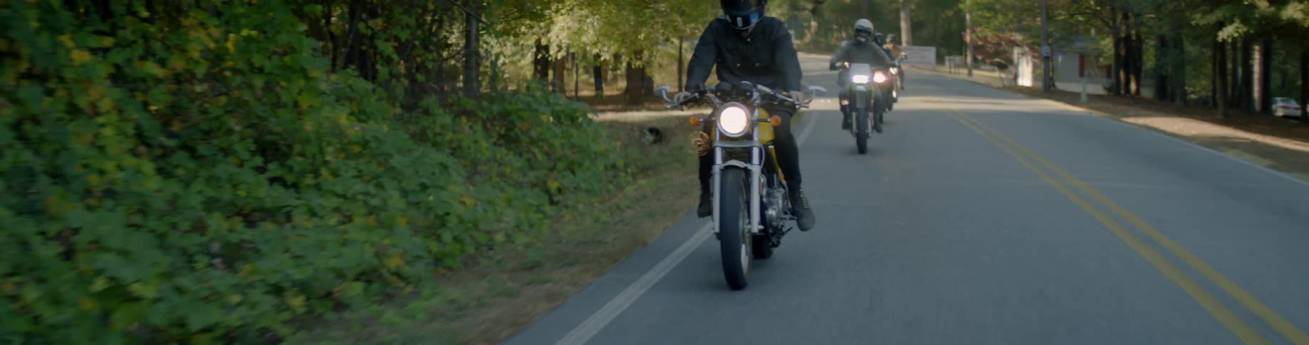 Several people riding motorcycles along a tree lined road