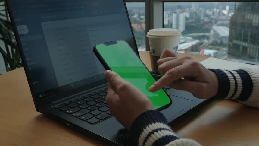 A person scrolls through a green screen smartphone while sitting at a desk with a laptop and a city view in the background