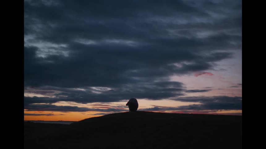A lone sheep is silhouetted on a hilltop against a dramatic, cloudy sunset sky