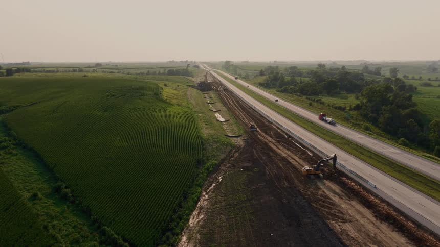 A wide aerial shot shows heavy machinery working on a highway expansion project running through vast green cornfields in the rural midwest