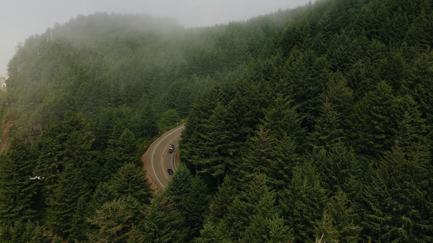 An aerial shot captures cars driving along a winding mountain road surrounded by a dense, foggy forest