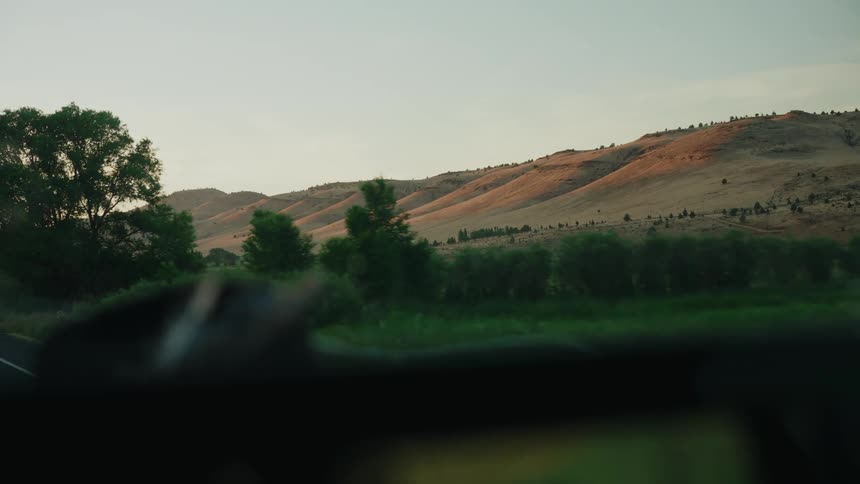 Driving past golden rolling hills and lush green fields at sunset from a car's perspective