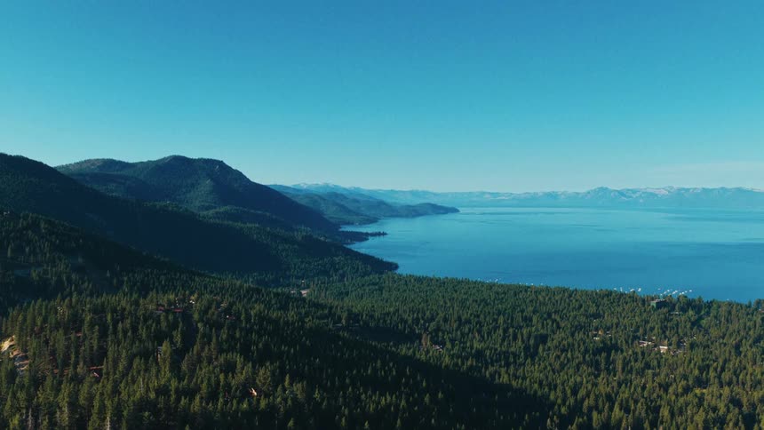 A static, wide aerial shot captures a dense evergreen forest lining the shore of a vast mountain lake under a clear blue sky
