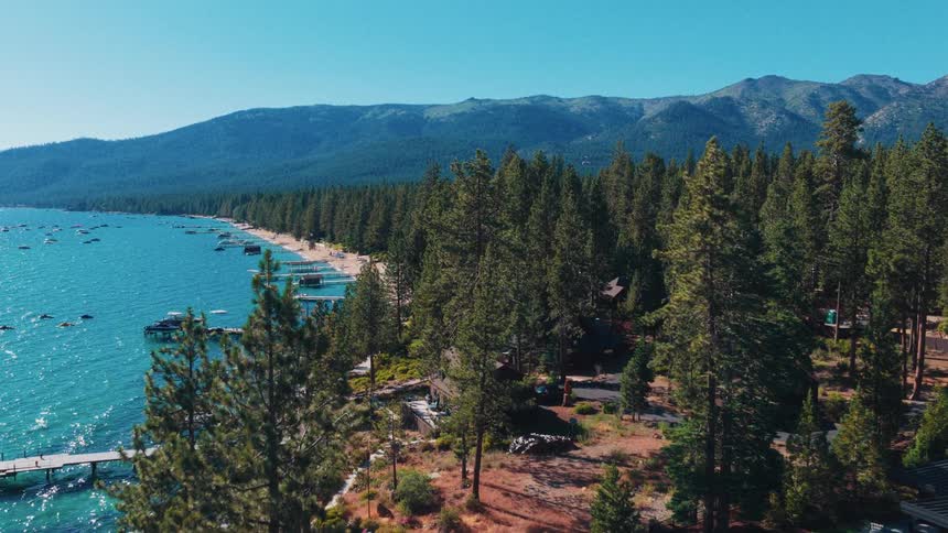 A beautiful aerial shot slowly pushing forward over a dense pine forest revealing the stunning turquoise waters of Lake Tahoe on a sunny summer day