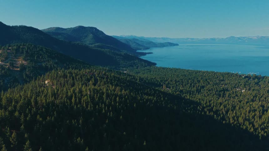 A serene aerial view flies over a sprawling evergreen forest towards the vast blue waters of Lake Tahoe, nestled among mountains