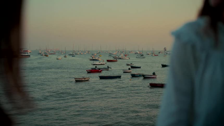 A serene over-the-shoulder view of a harbor filled with numerous boats and sailboats gently floating on the calm sea during a hazy sunset