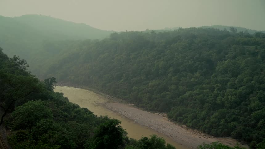 A cinemagraph of a muddy river flowing through a dense green forest valley on a hazy, overcast day