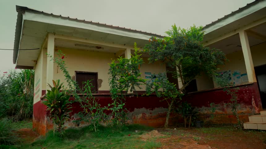 A static shot of a weathered and rundown rural school building surrounded by overgrown greenery under a cloudy sky