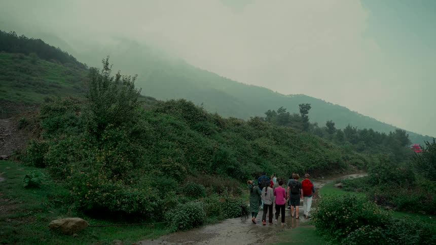 A group of friends and a dog walk together along a muddy path in the misty, green mountains