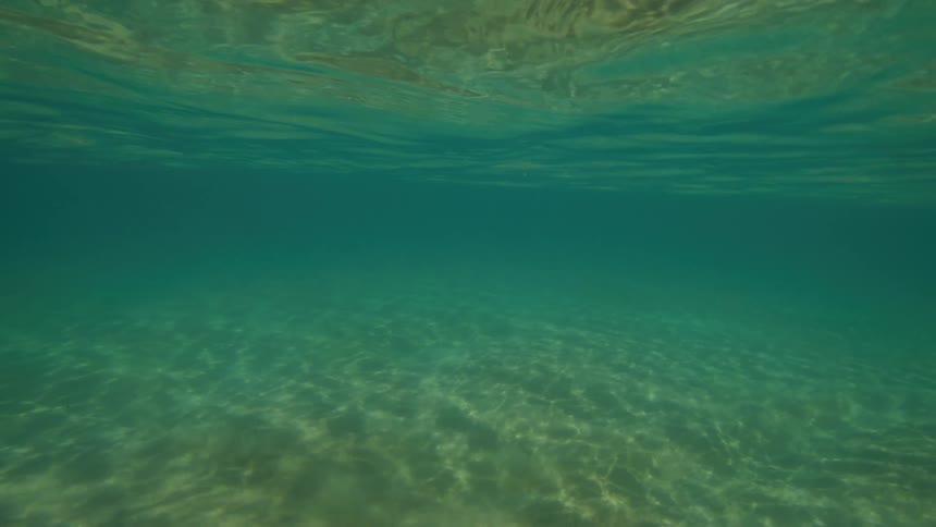 A tranquil underwater background shot of a sandy seabed, with sunlight creating beautiful patterns on the sand