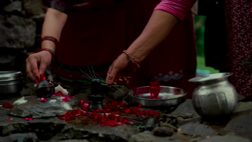 Women's hands meticulously prepare offerings of red flower petals for a traditional Hindu puja at a stone altar