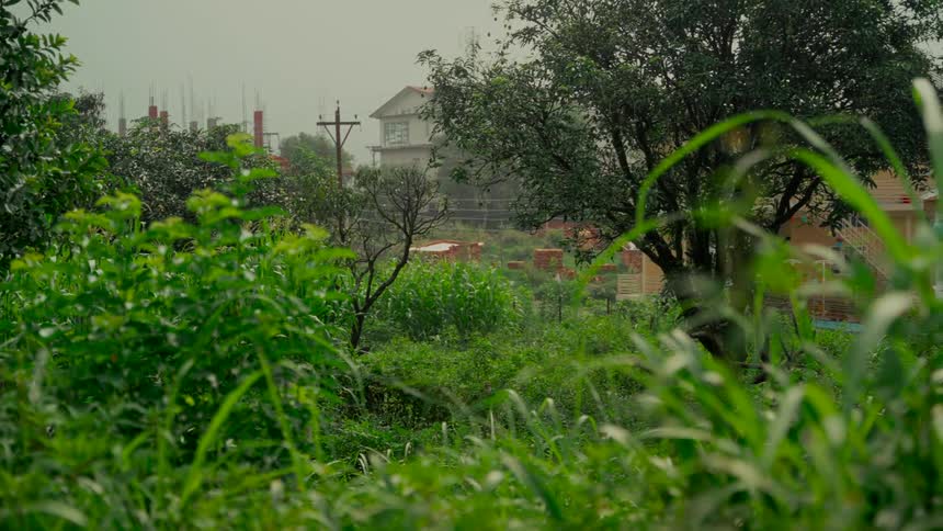 A slow pan across a lush green landscape during a rainy day, revealing houses and construction in the background