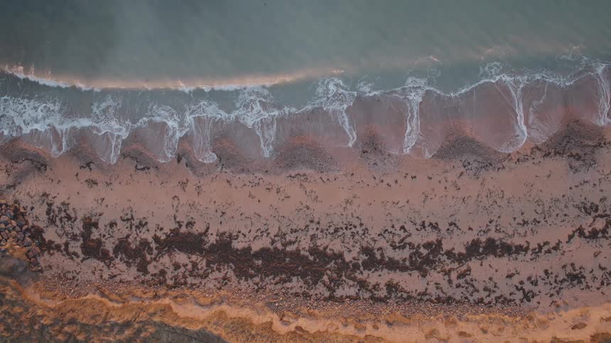 A top-down aerial shot slowly pulls back from gentle waves lapping a seaweed-strewn sandy shore to reveal the serene coastline at dusk