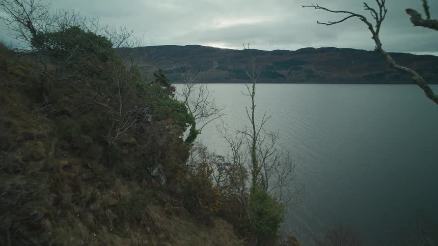 A slow forward reveal shot through overgrown grass on a hillside shows the vast expanse of Loch Ness in Scotland under a moody, overcast sky