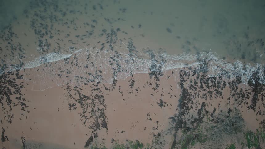 A top-down aerial view of gentle ocean waves rolling onto a rocky, seaweed-strewn sandy shore in slow motion